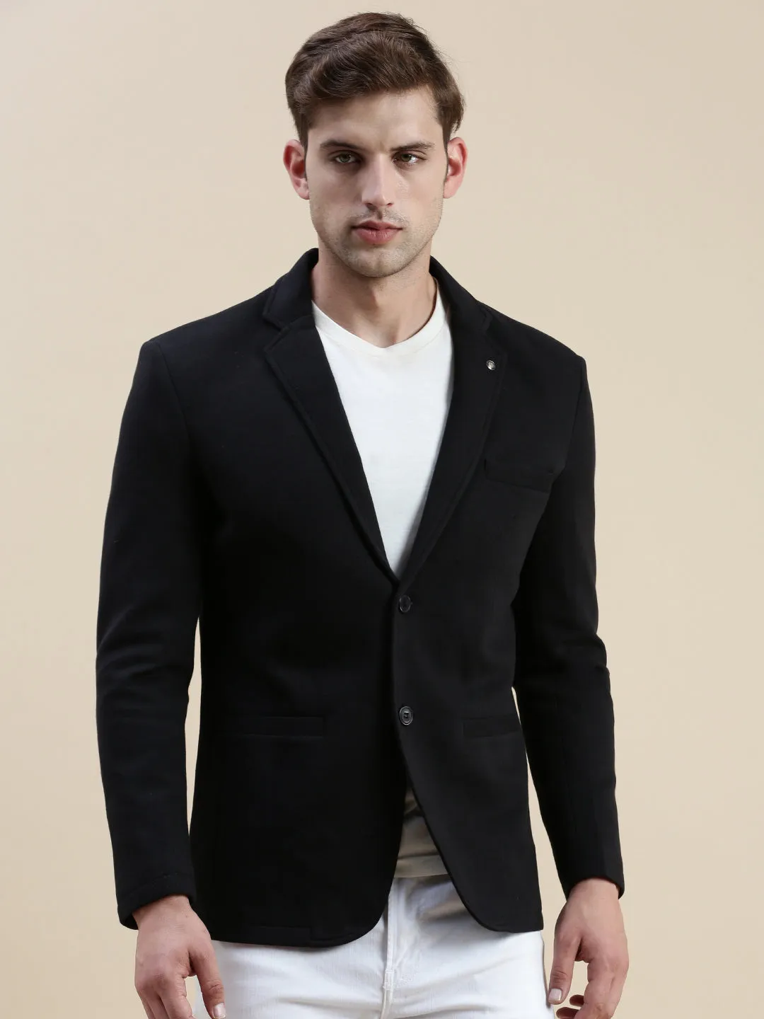 Men Black Notched Lapel Single-Breasted Formal Blazer