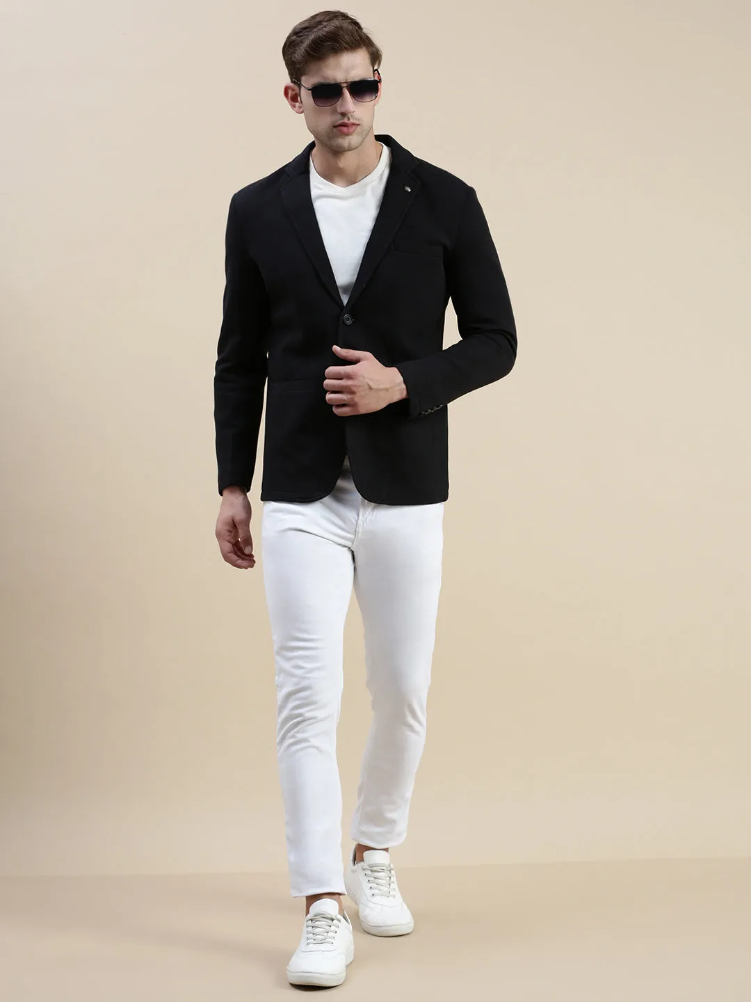 Men Black Notched Lapel Single-Breasted Formal Blazer