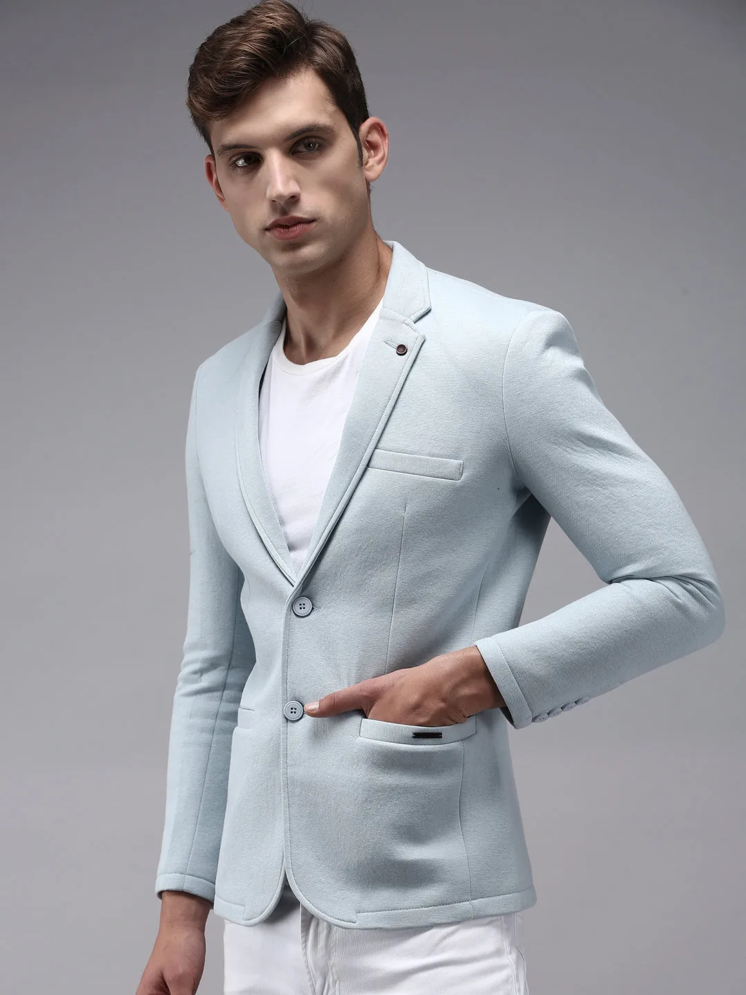 Men Blue Solid Single-Breasted Regular-Fit Blazer