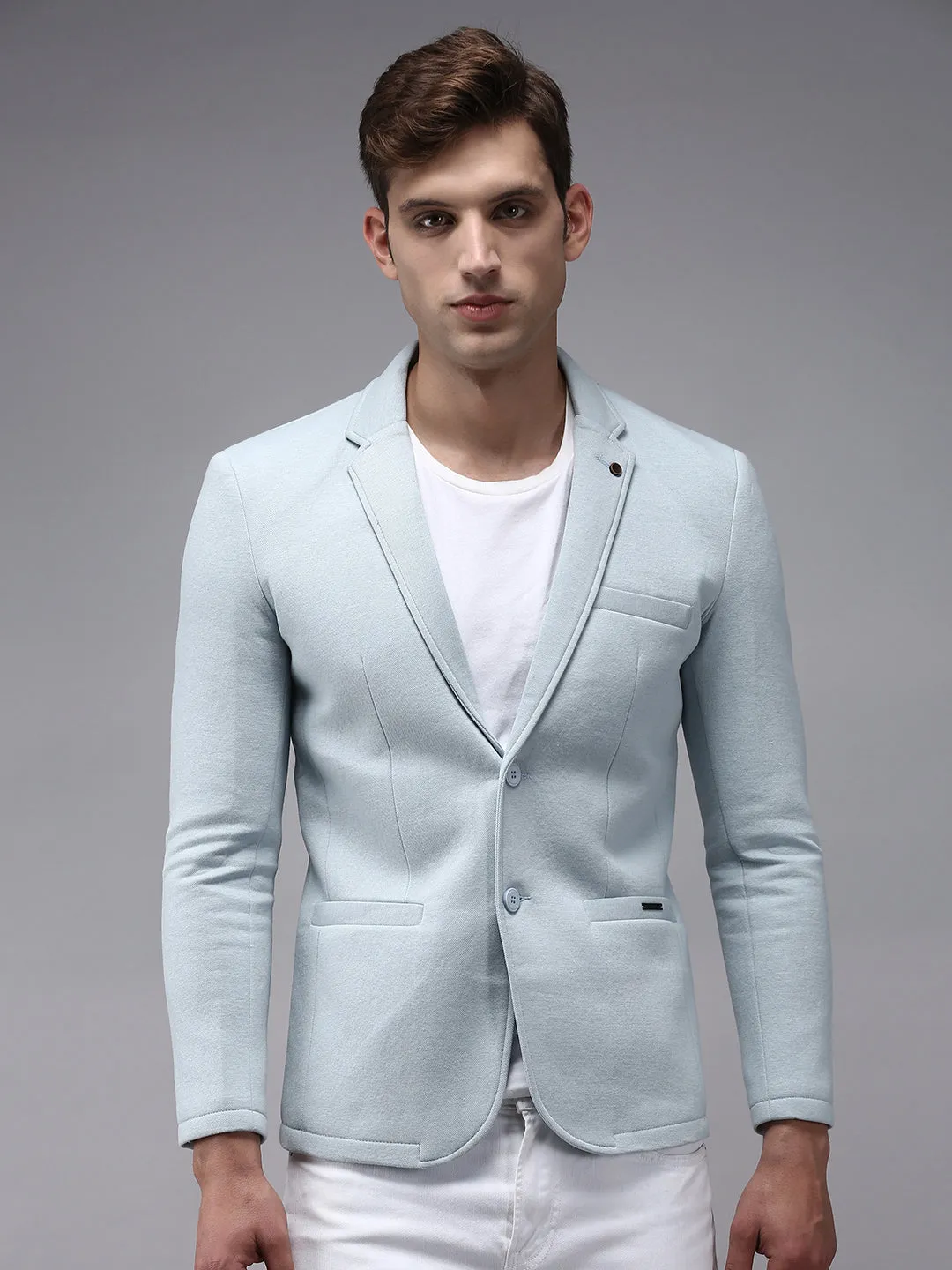Men Blue Solid Single-Breasted Regular-Fit Blazer