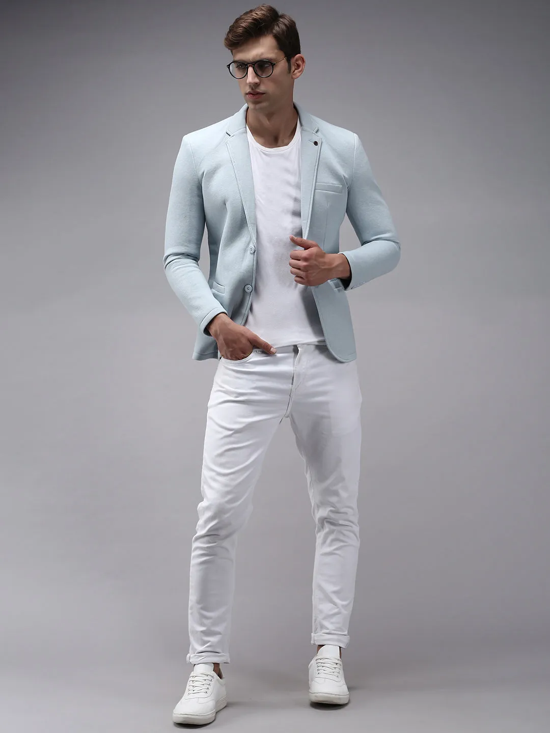 Men Blue Solid Single-Breasted Regular-Fit Blazer