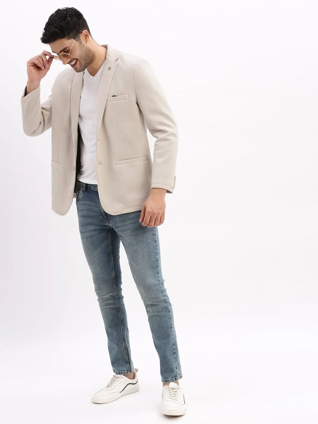 Men Cream Slim-Fit Single-Breasted Notched Lapel Collar Casual Blazer
