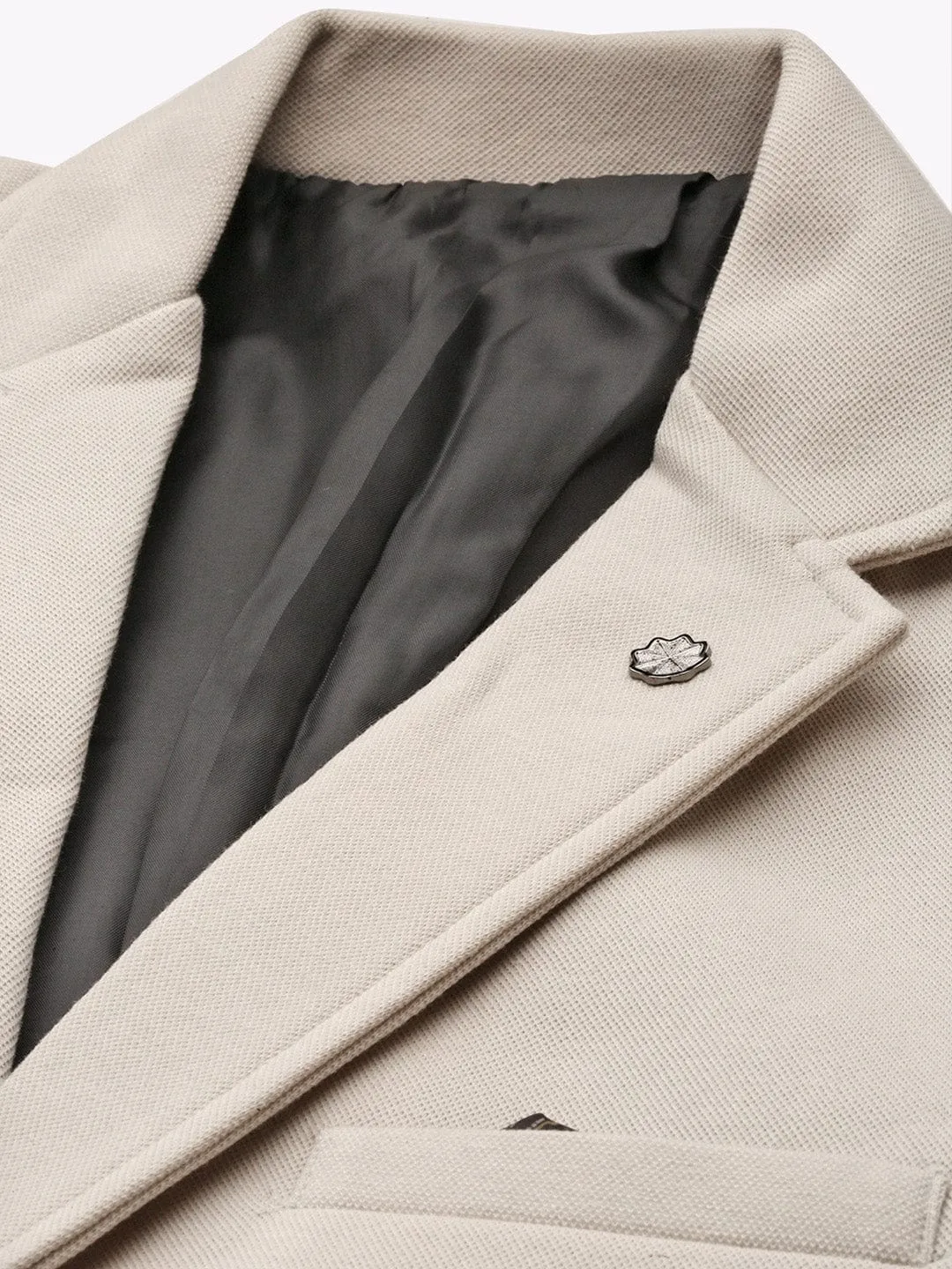 Men Cream Slim-Fit Single-Breasted Notched Lapel Collar Casual Blazer