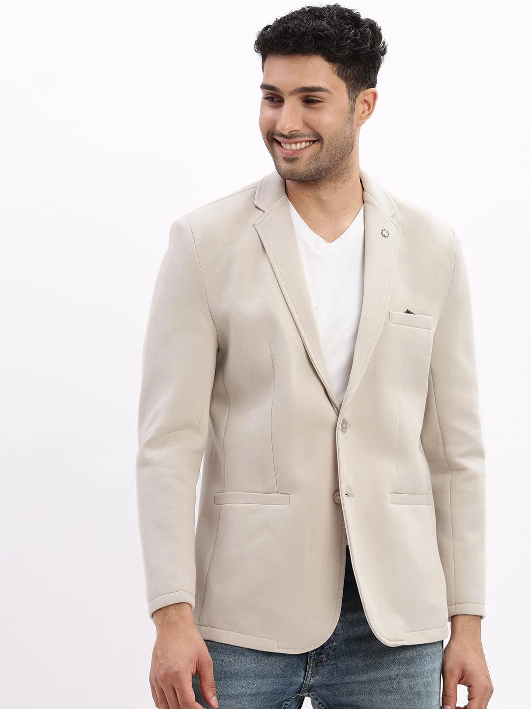 Men Cream Slim-Fit Single-Breasted Notched Lapel Collar Casual Blazer