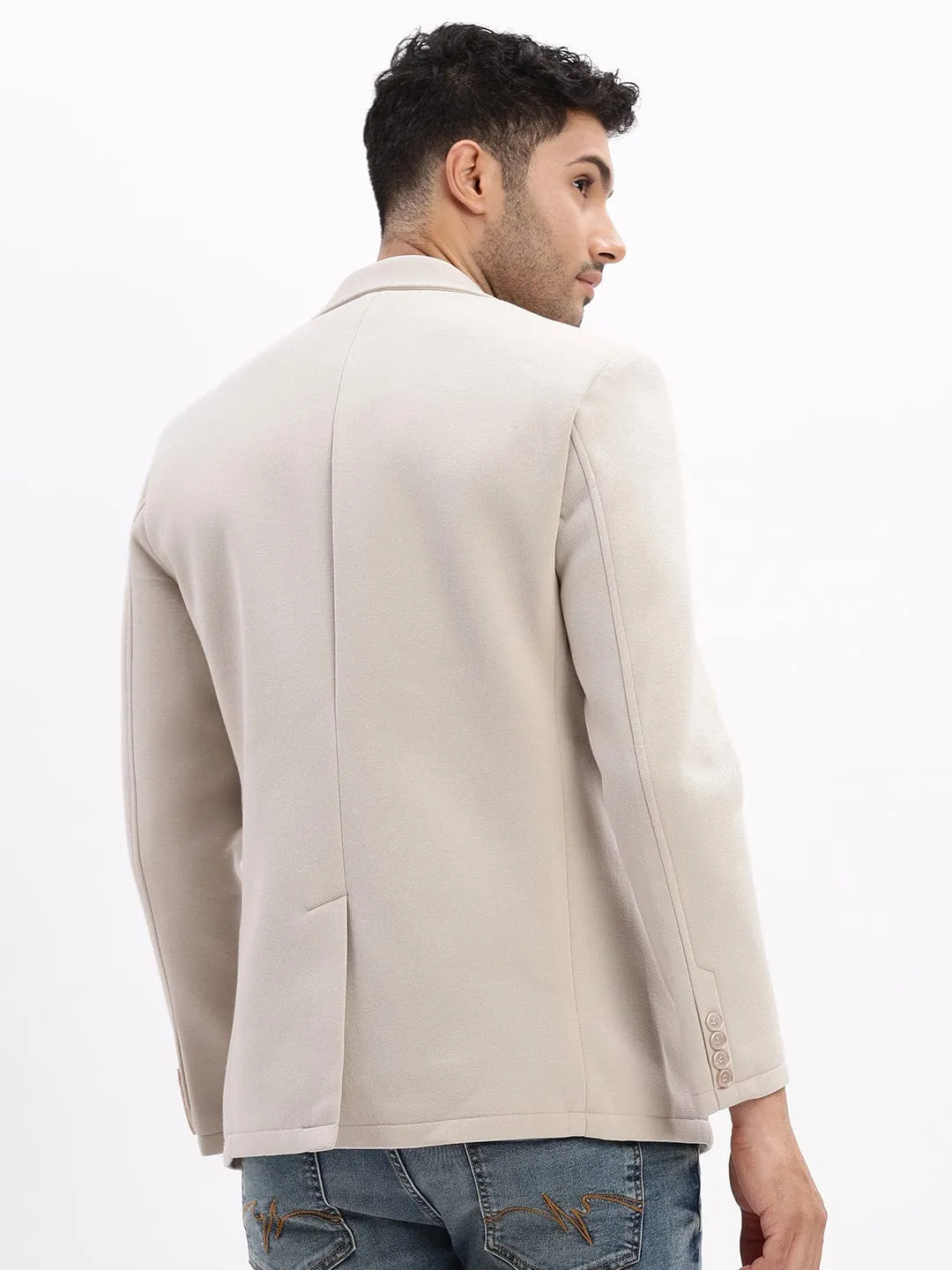 Men Cream Slim-Fit Single-Breasted Notched Lapel Collar Casual Blazer
