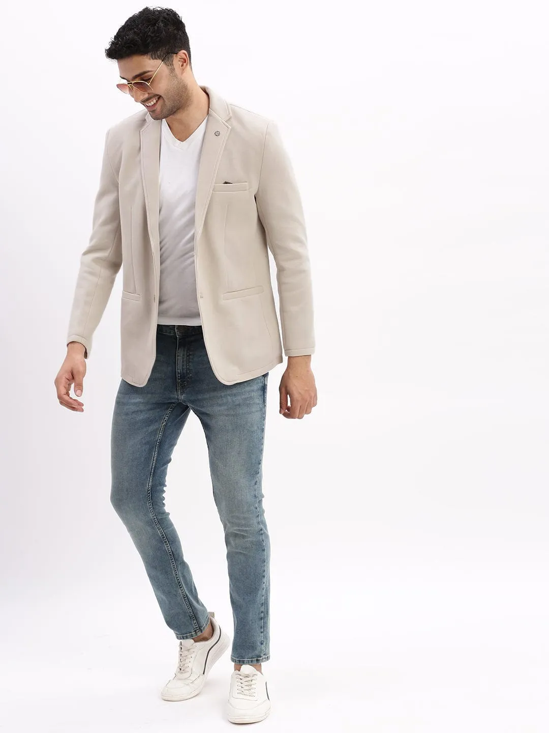 Men Cream Slim-Fit Single-Breasted Notched Lapel Collar Casual Blazer