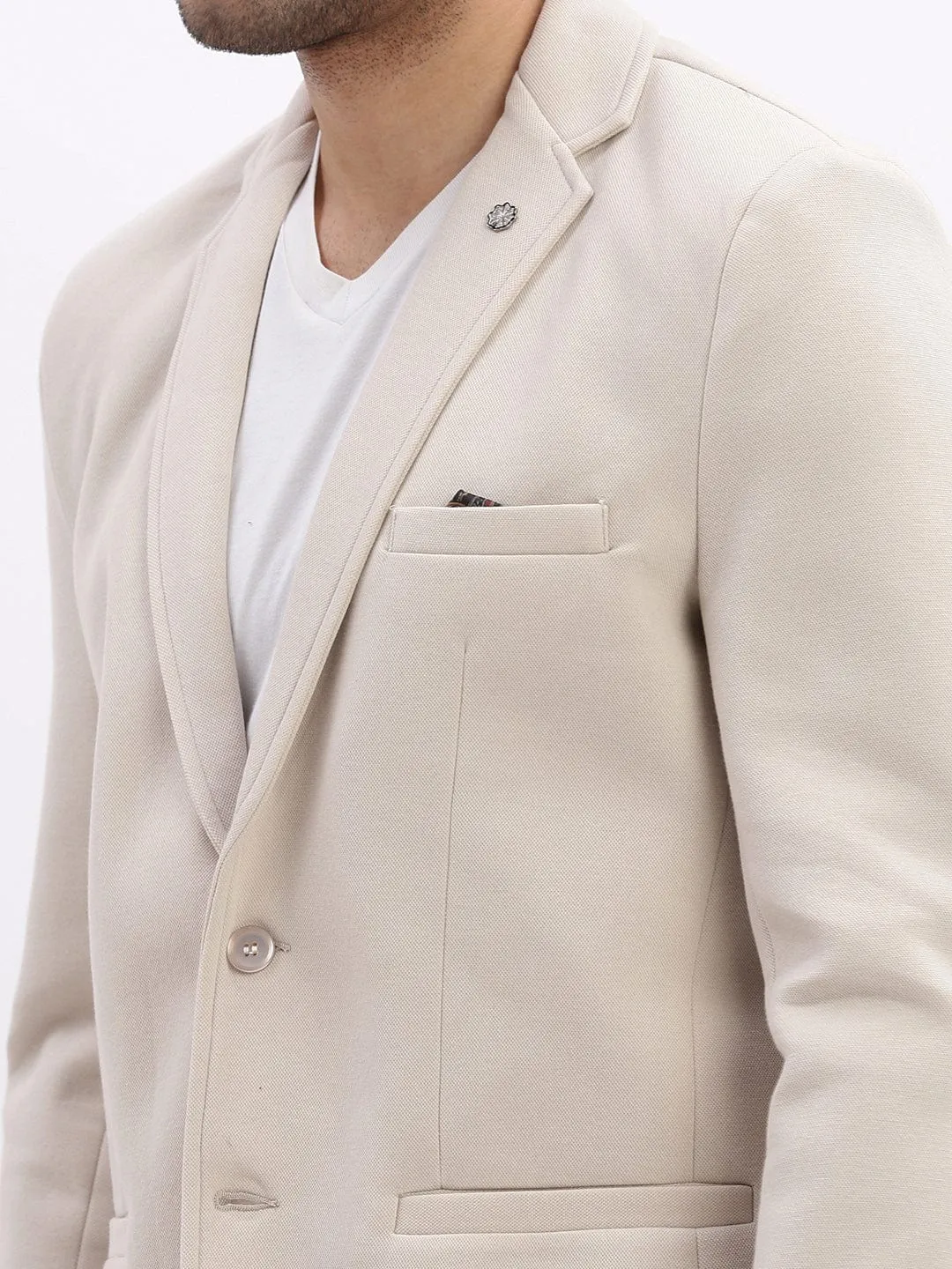 Men Cream Slim-Fit Single-Breasted Notched Lapel Collar Casual Blazer