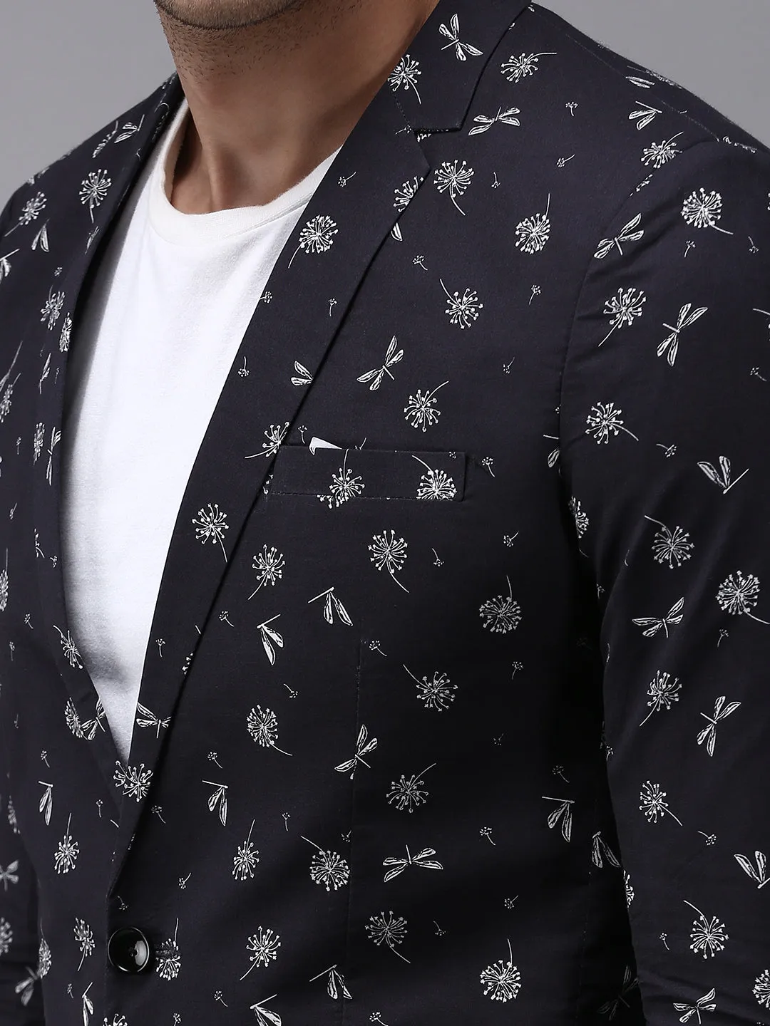 Men Dark Grey Printed Single-Breasted Blazer