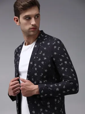 Men Dark Grey Printed Single-Breasted Blazer