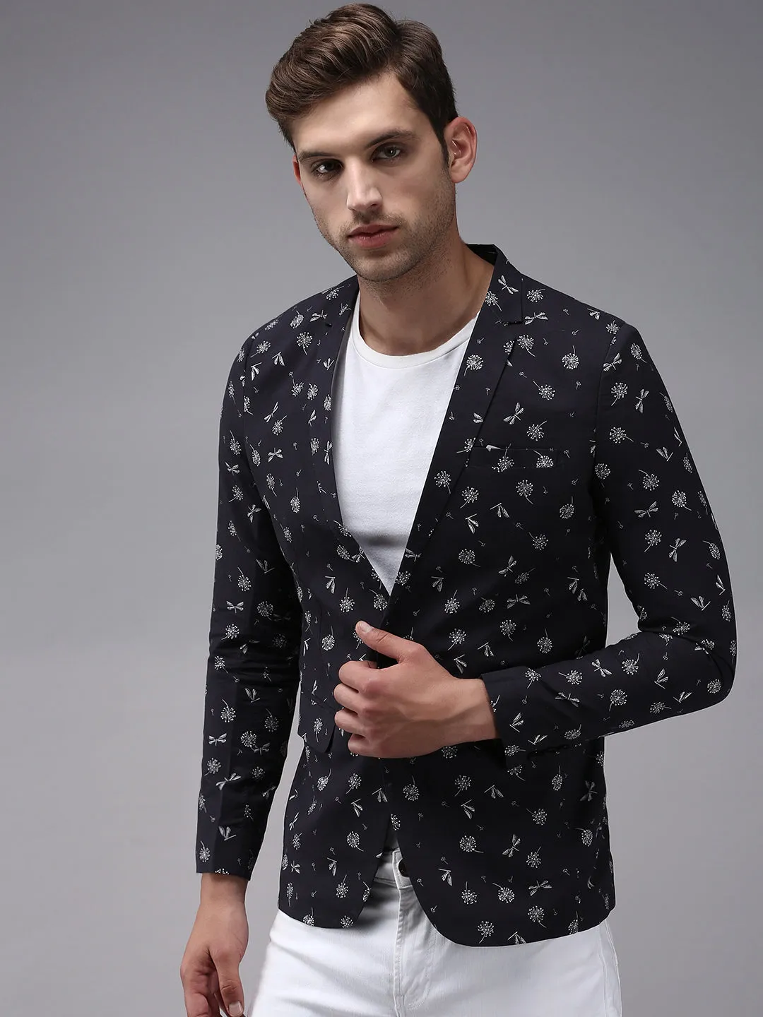Men Dark Grey Printed Single-Breasted Blazer
