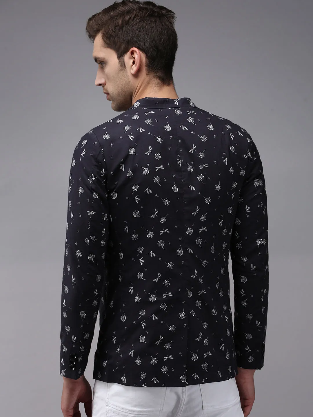 Men Dark Grey Printed Single-Breasted Blazer