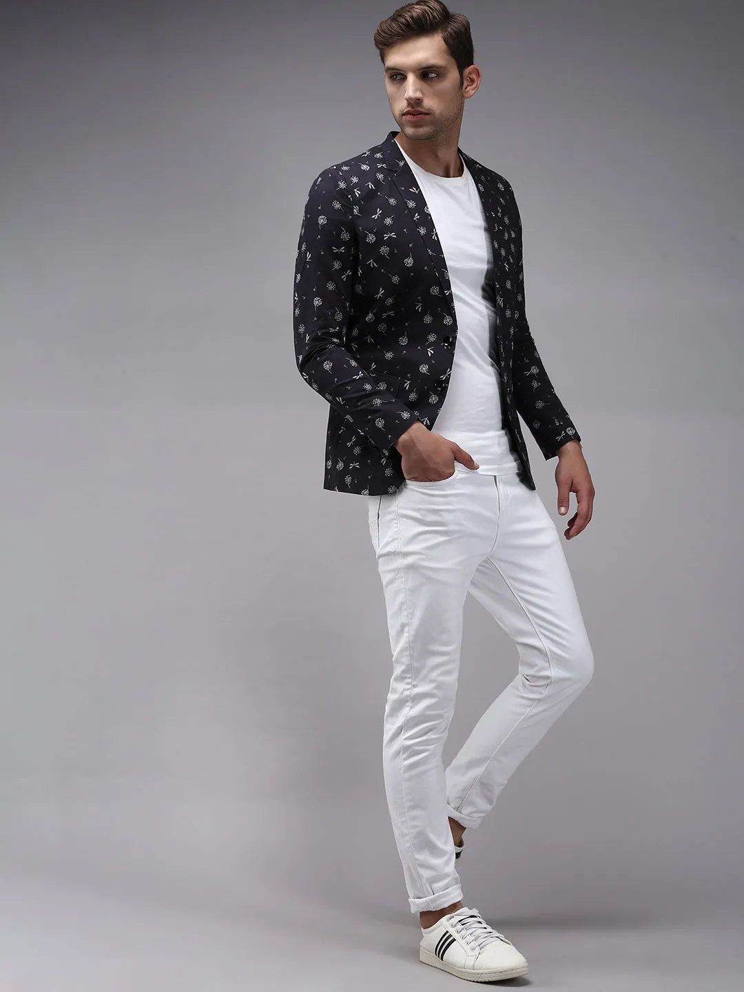 Men Dark Grey Printed Single-Breasted Blazer