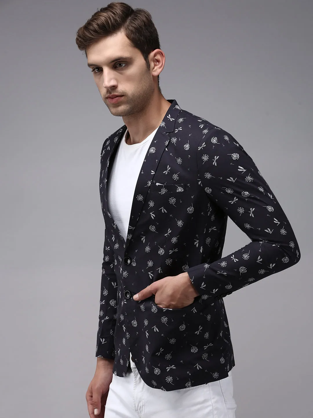 Men Dark Grey Printed Single-Breasted Blazer