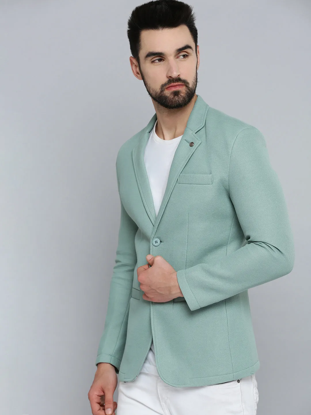Men Green Self-Design Single Breasted Blazer