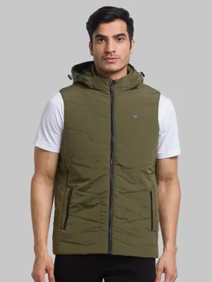 Men Green Solid Polyester Sleeveless Jackets