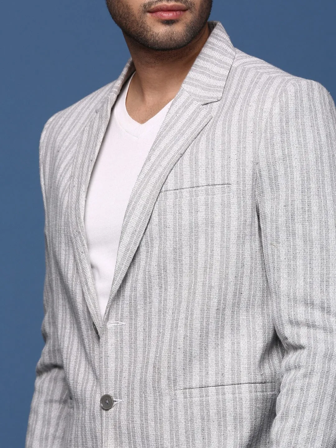 Men Grey Notched Lapel Single Breasted Slim Fit Blazer