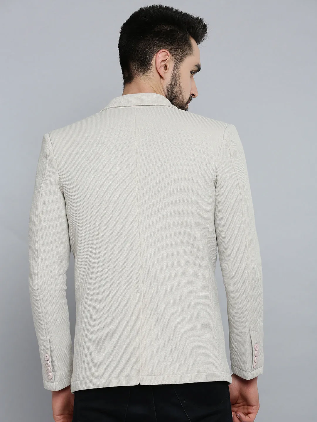 Men Grey Self Design Single-Breasted Blazer