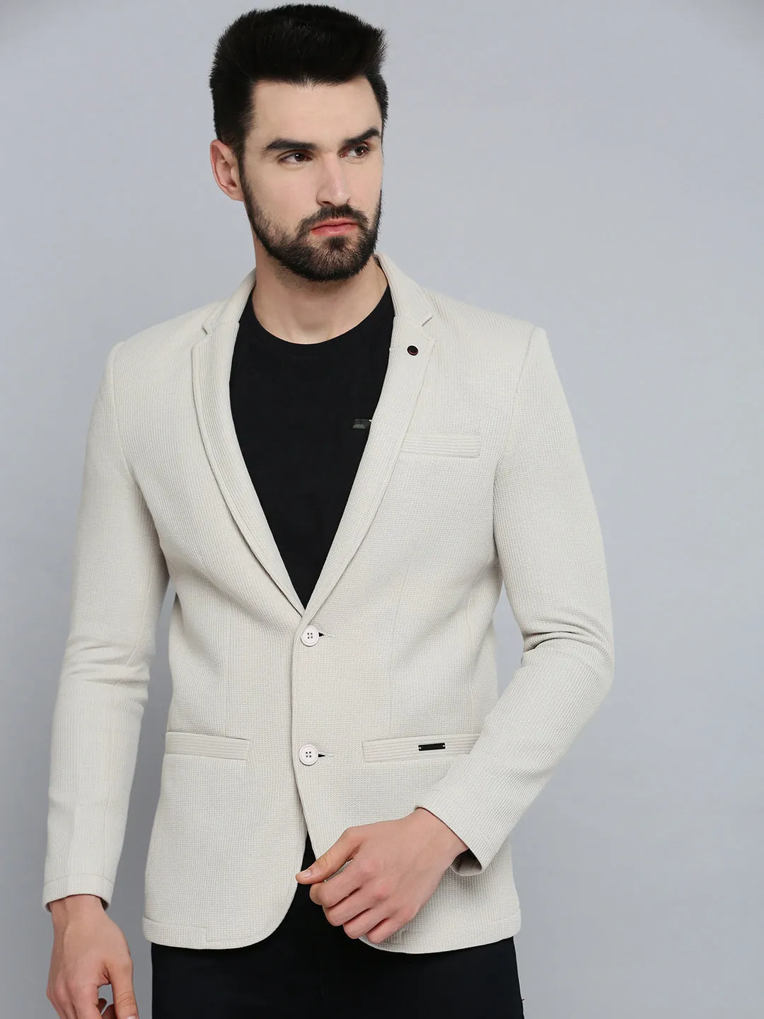 Men Grey Self Design Single-Breasted Blazer