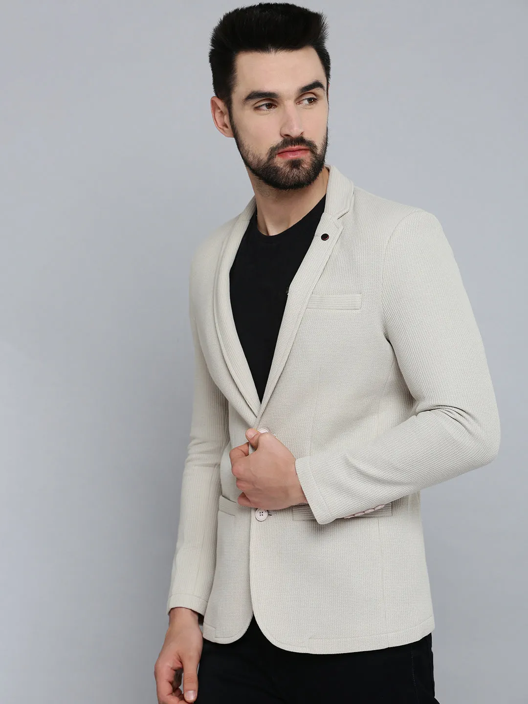 Men Grey Self Design Single-Breasted Blazer