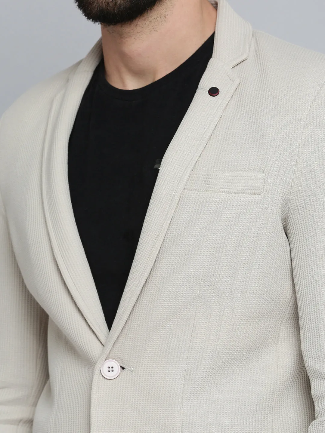 Men Grey Self Design Single-Breasted Blazer
