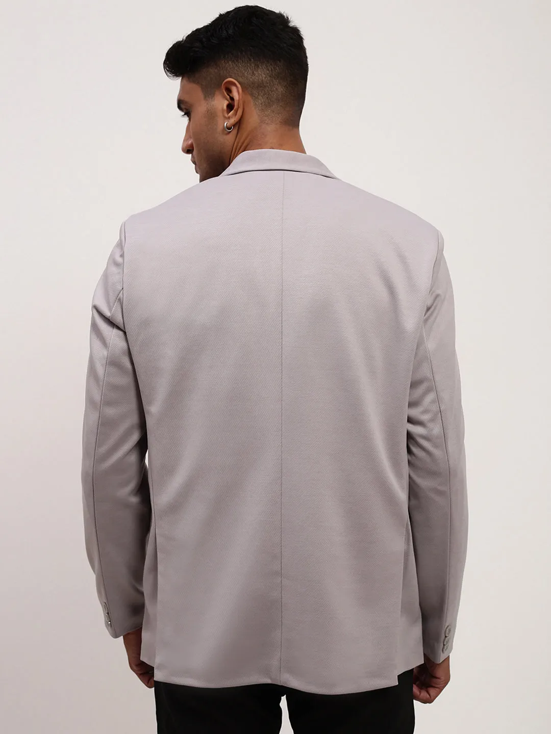 Men Grey Self Design Single-Breasted Cotton Slim Fit Blazer