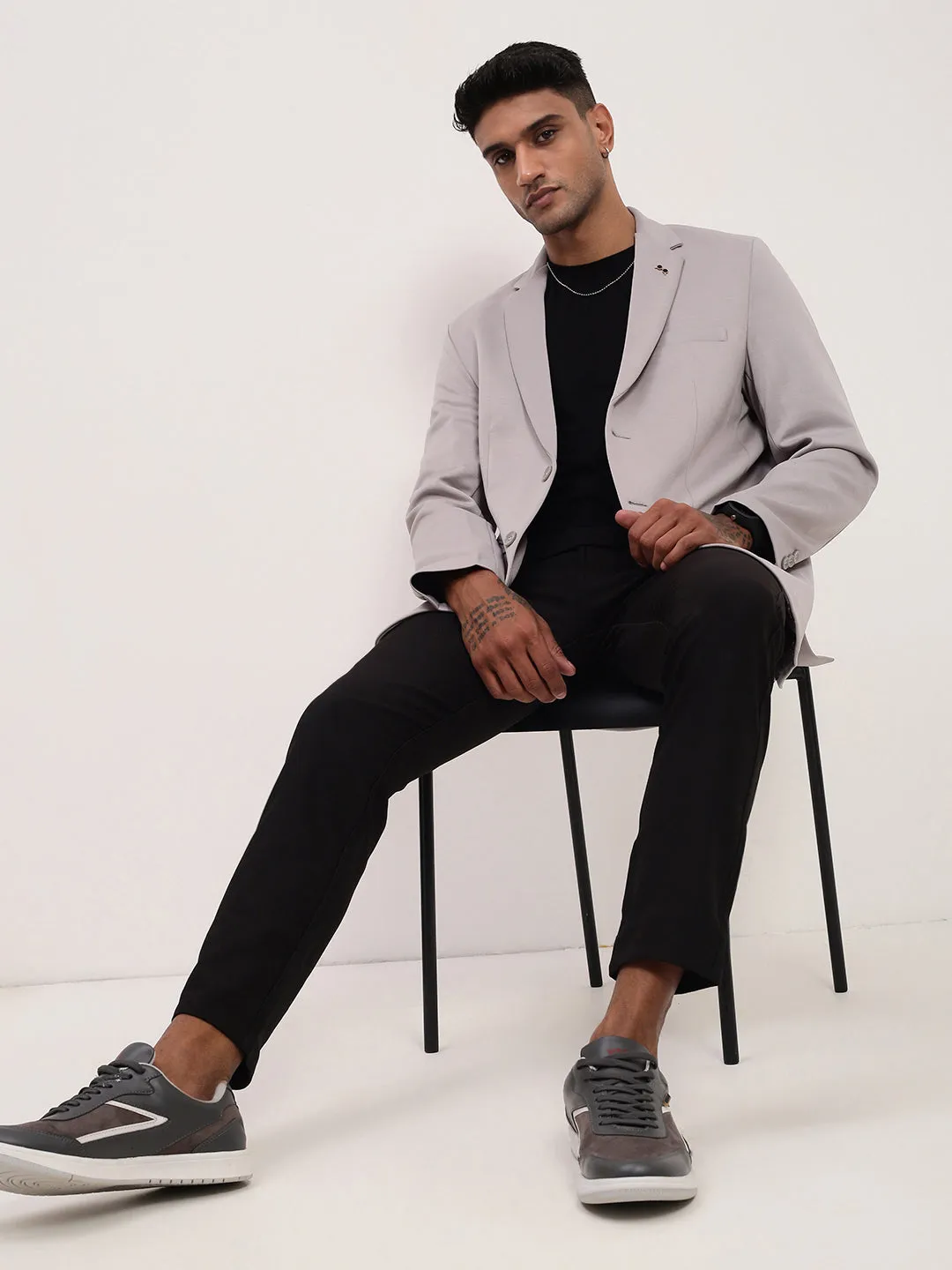 Men Grey Self Design Single-Breasted Cotton Slim Fit Blazer