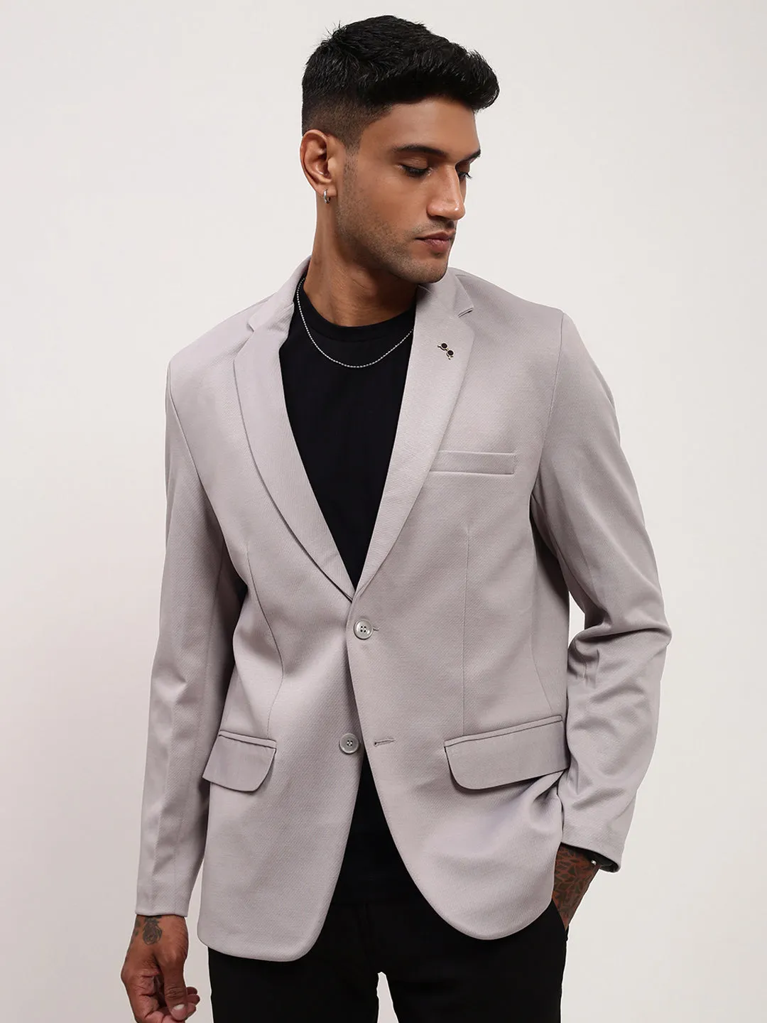 Men Grey Self Design Single-Breasted Cotton Slim Fit Blazer