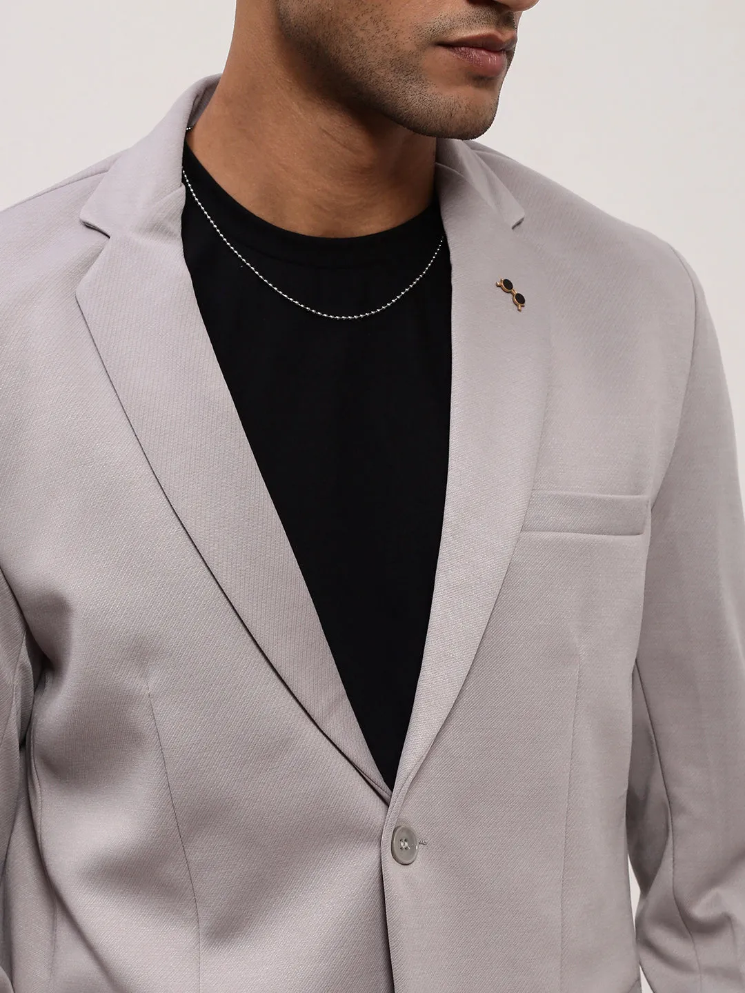 Men Grey Self Design Single-Breasted Cotton Slim Fit Blazer