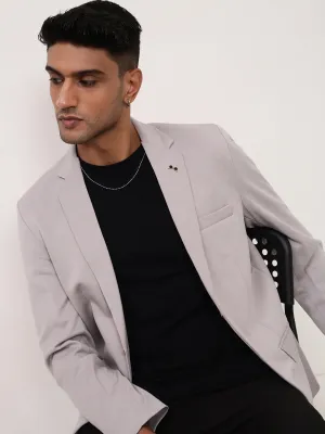 Men Grey Self Design Single-Breasted Cotton Slim Fit Blazer