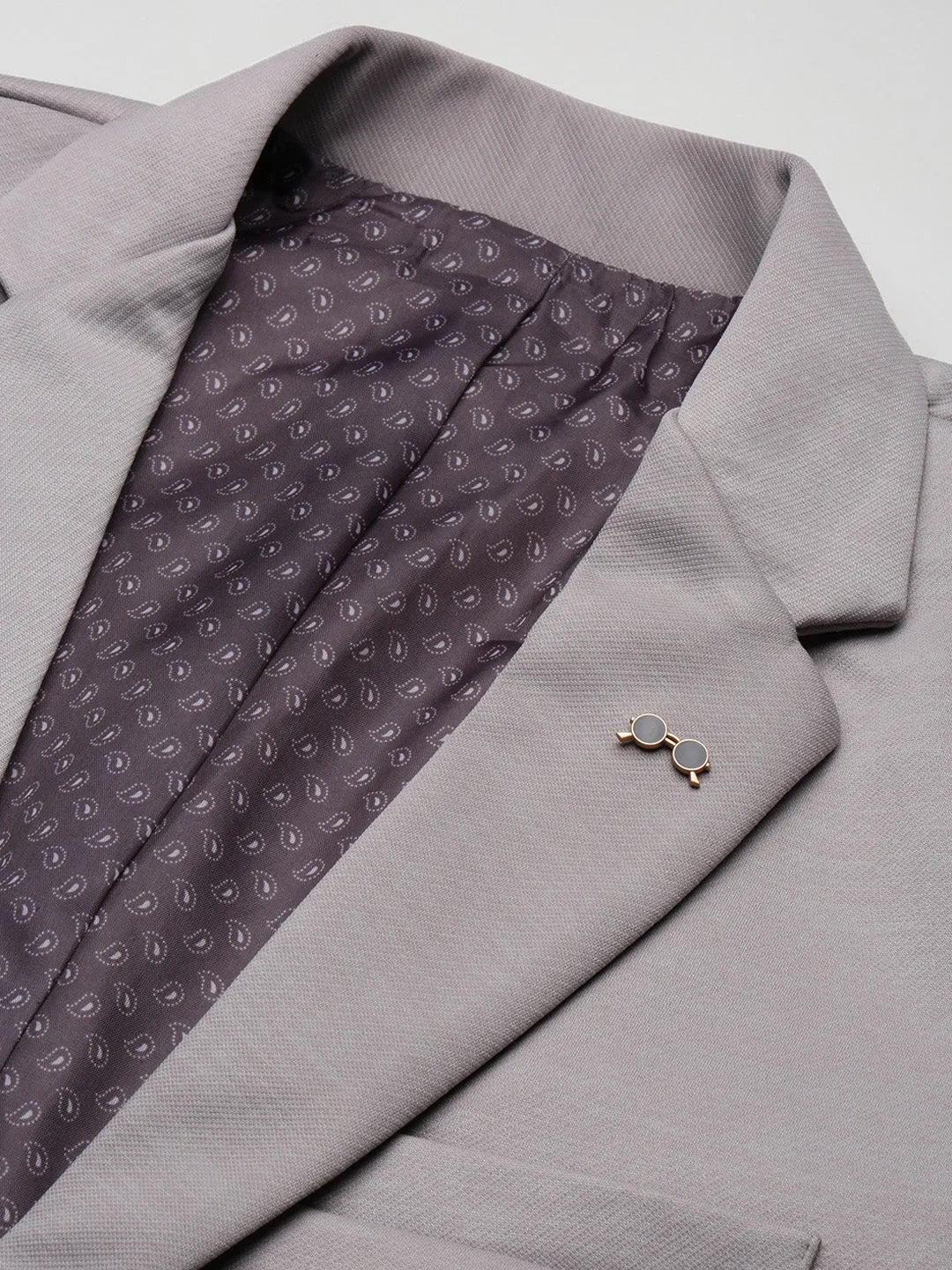 Men Grey Self Design Single-Breasted Cotton Slim Fit Blazer