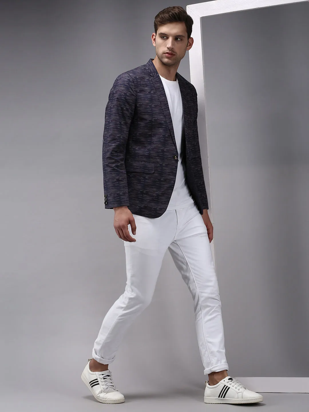 Men Navy Blue Printed Single-Breasted Blazer