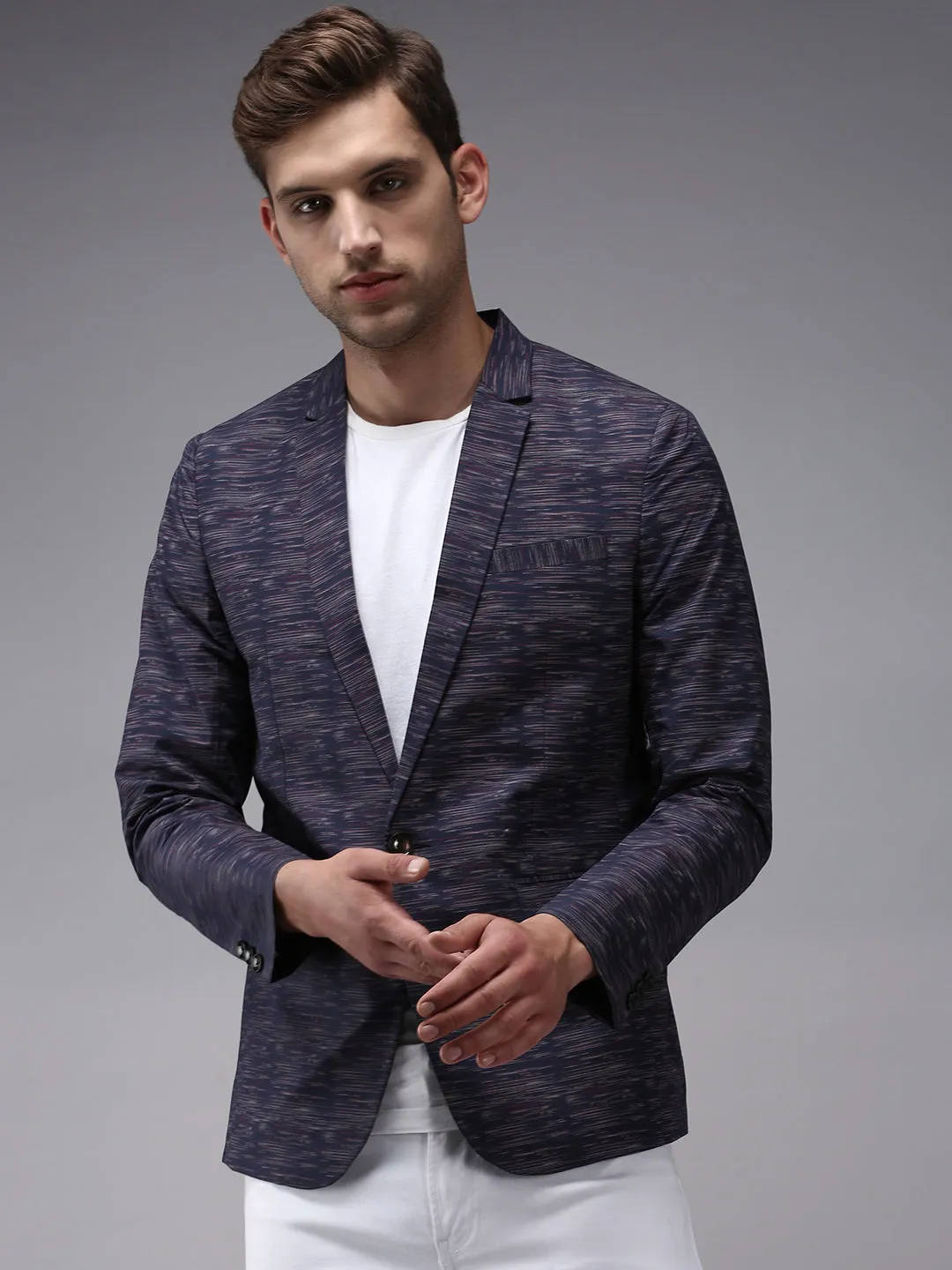 Men Navy Blue Printed Single-Breasted Blazer
