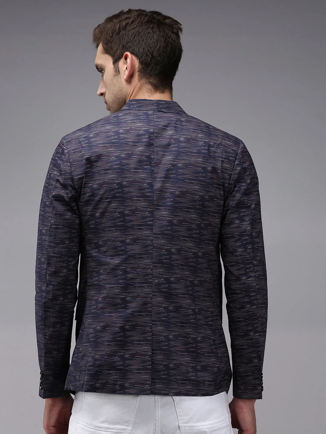 Men Navy Blue Printed Single-Breasted Blazer