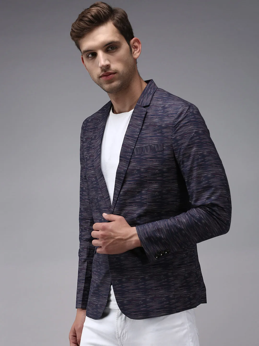 Men Navy Blue Printed Single-Breasted Blazer