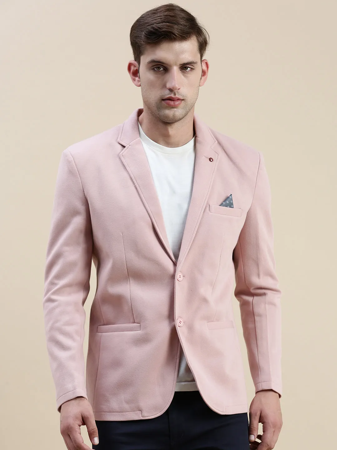 Men Pink Notched Lapel Single-Breasted Blazer
