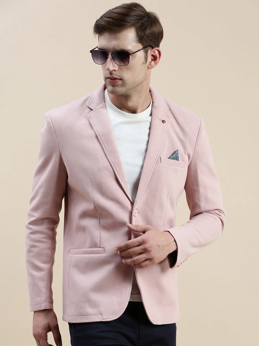 Men Pink Notched Lapel Single-Breasted Blazer