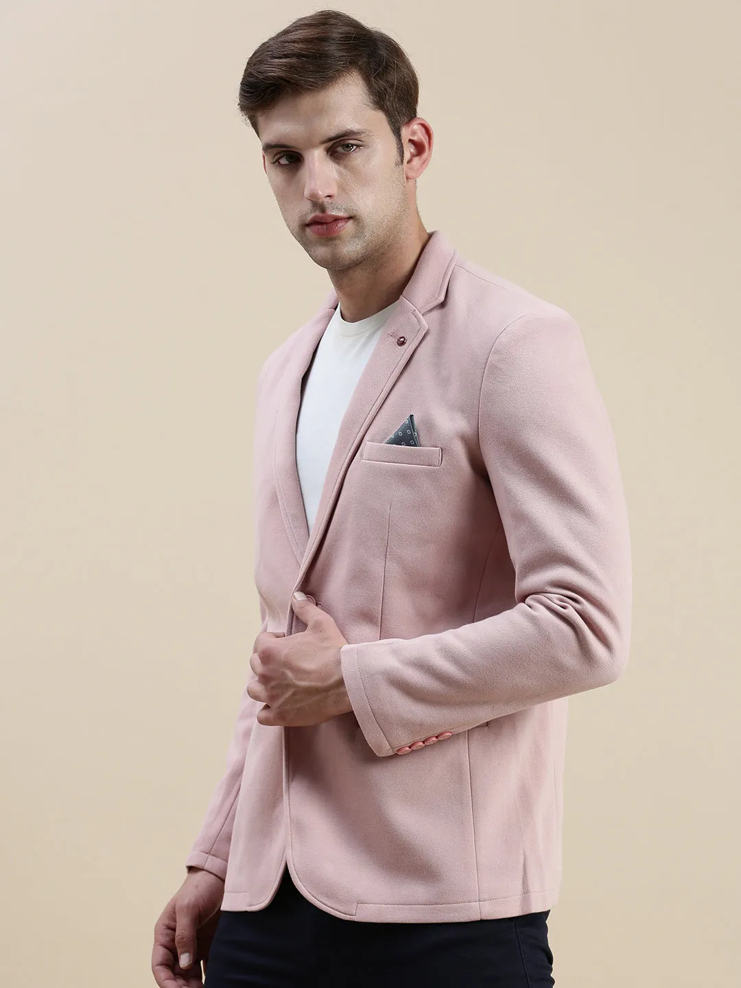 Men Pink Notched Lapel Single-Breasted Blazer