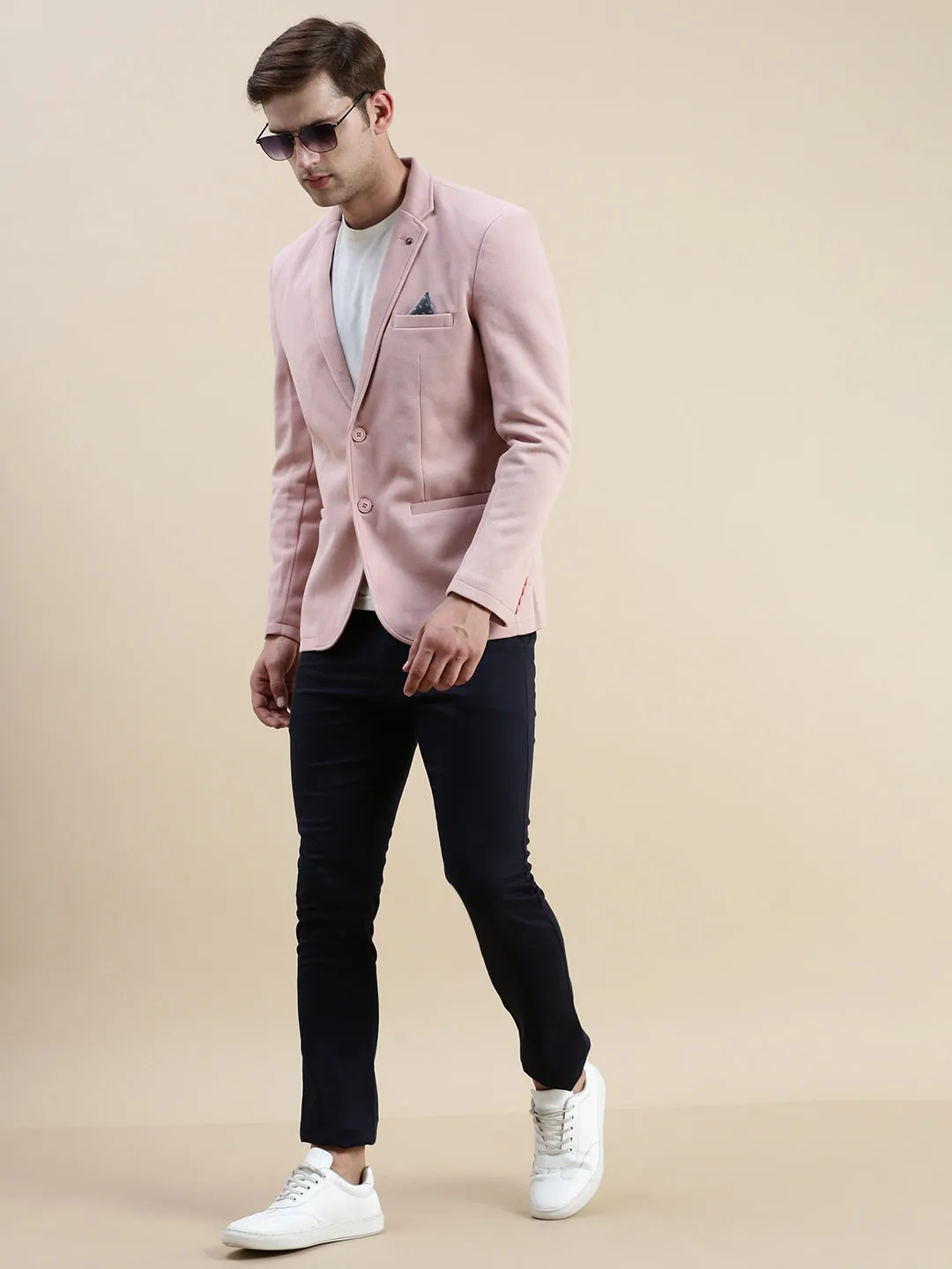 Men Pink Notched Lapel Single-Breasted Blazer
