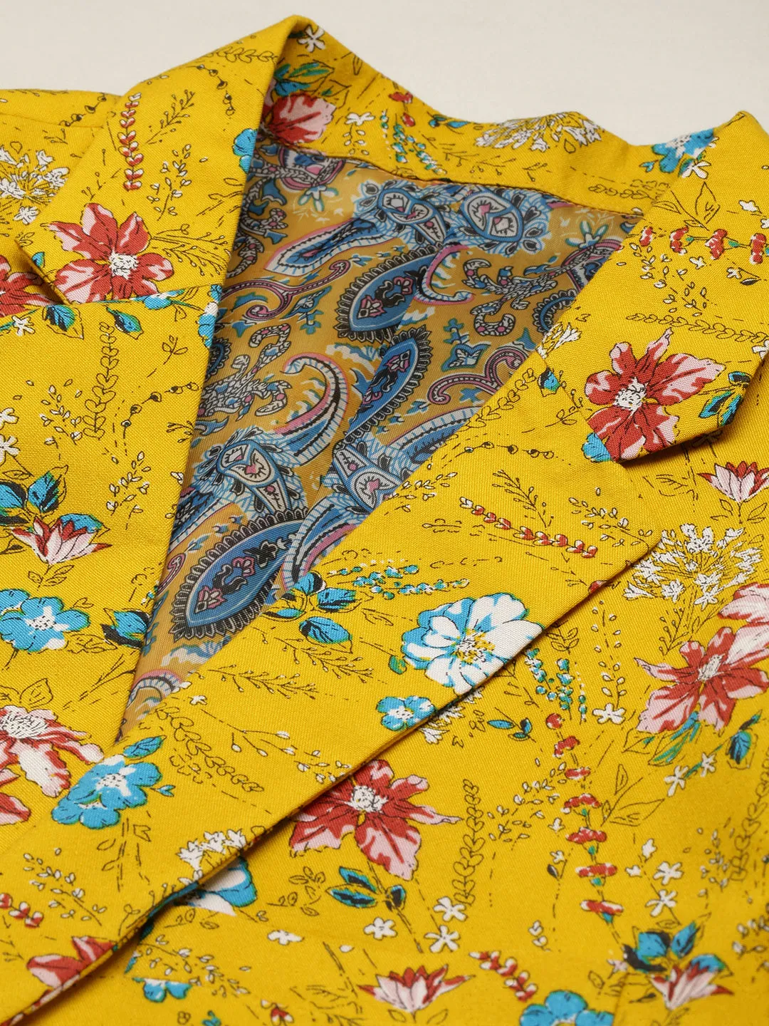 Men Yellow Printed Single-Breasted Blazer