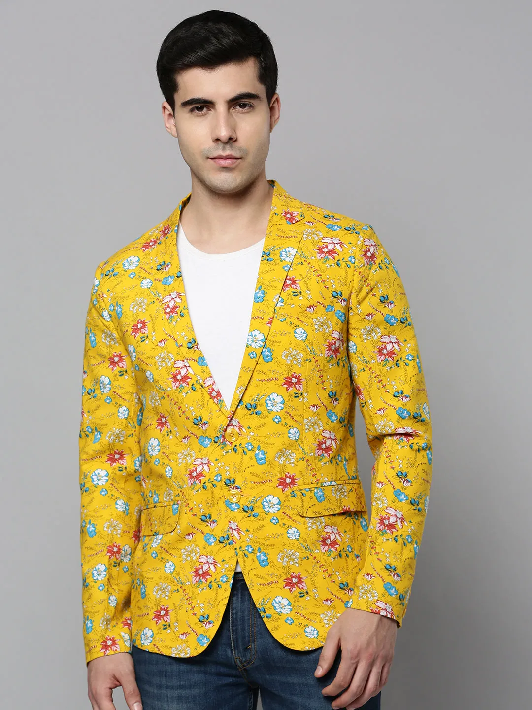 Men Yellow Printed Single-Breasted Blazer