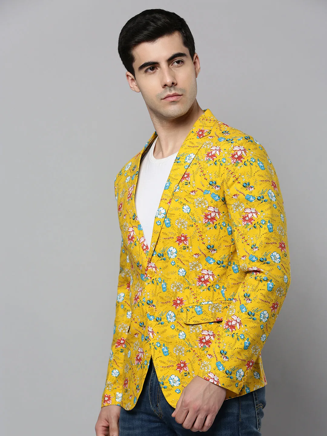 Men Yellow Printed Single-Breasted Blazer