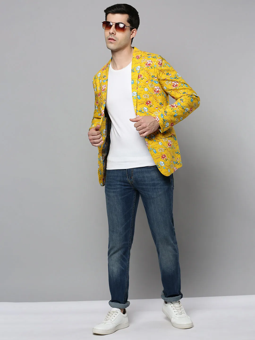 Men Yellow Printed Single-Breasted Blazer