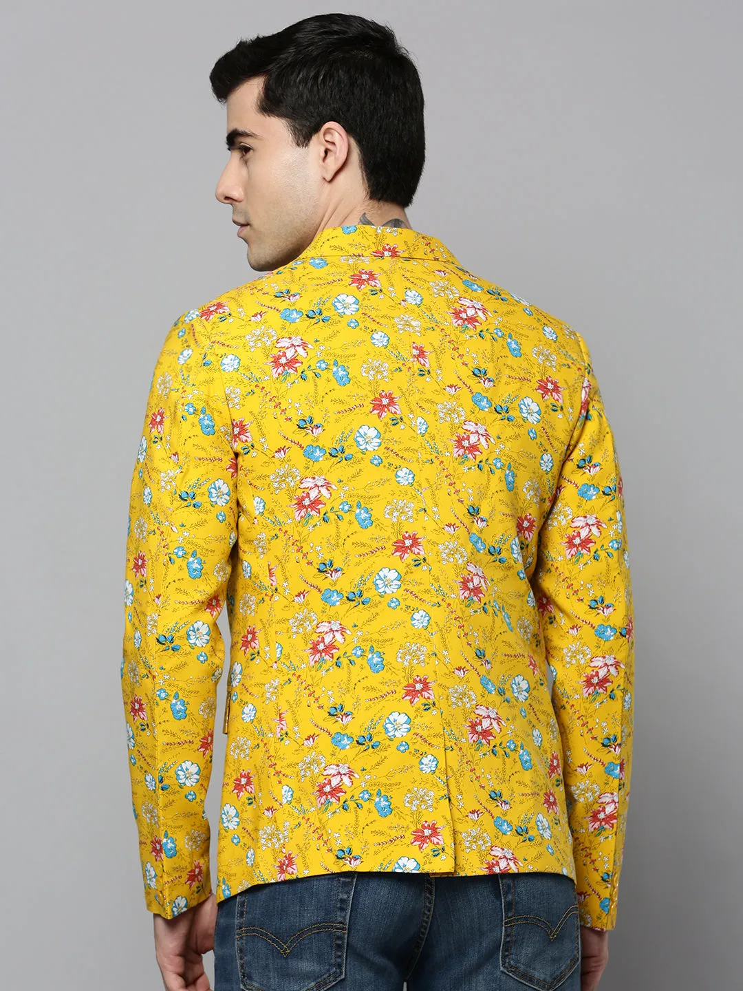Men Yellow Printed Single-Breasted Blazer