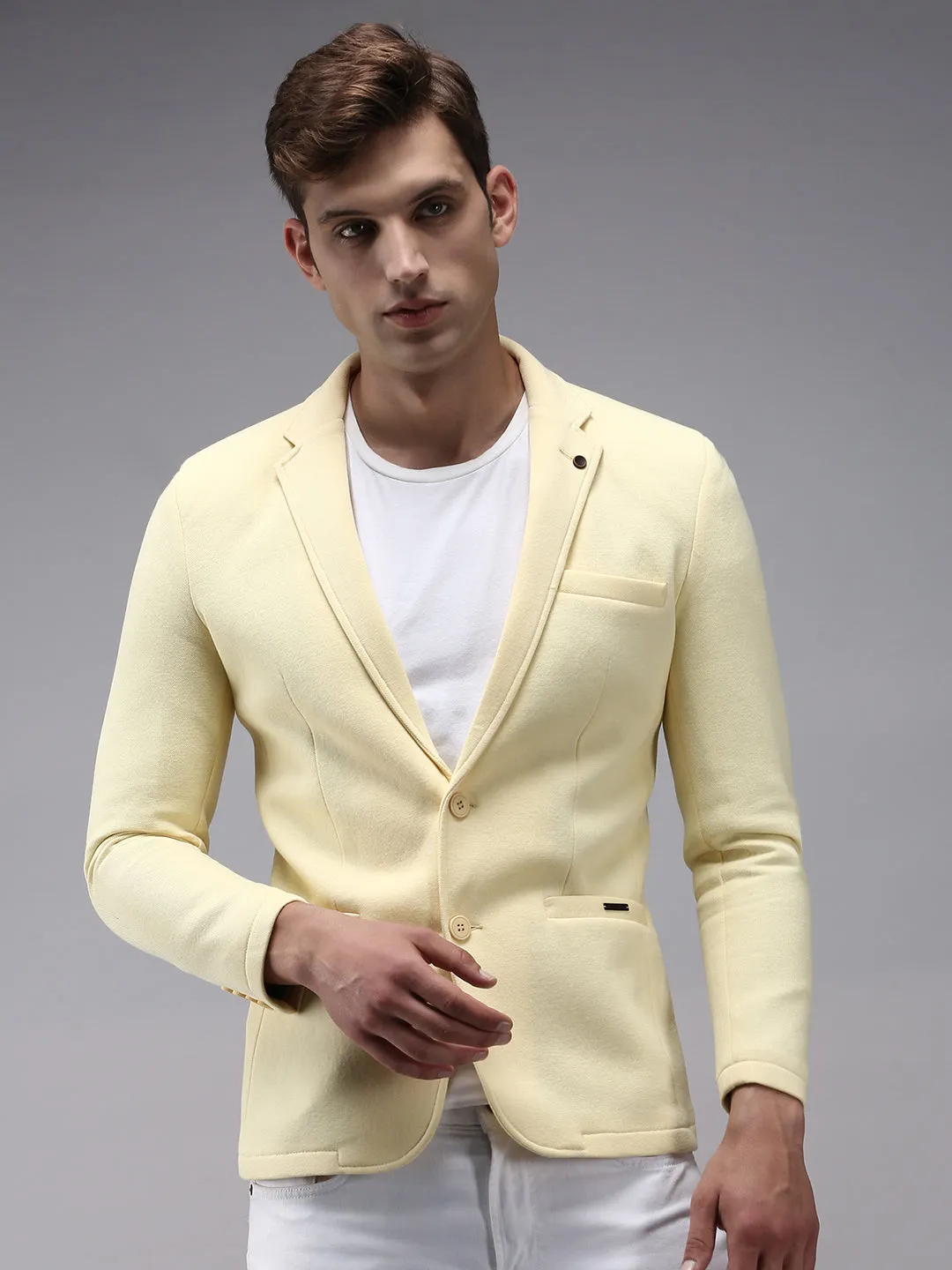 Men Yellow Solid Single-Breasted Blazer