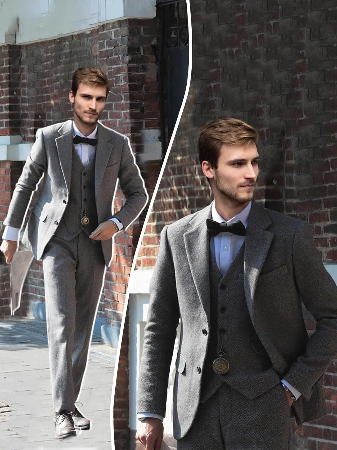 Men's 3 Pieces Suit Retro Slim Fit Suit Tweed Herringbone Business Suit Wedding Party Tuxedos with Blazer Vest Pants