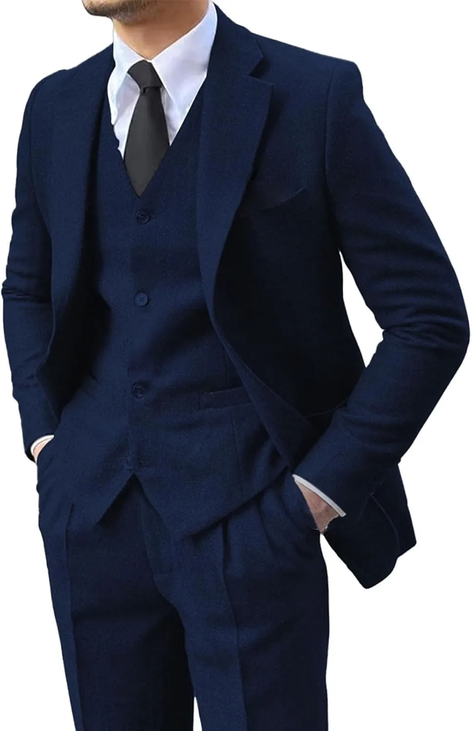 Men's 3 Pieces Suit Retro Slim Fit Suit Tweed Herringbone Business Suit Wedding Party Tuxedos with Blazer Vest Pants