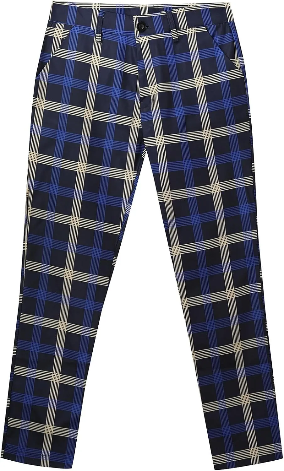 Men's Plaid Pants Regular Fit Elastic Waist Casual Pants Comfortable Tapered Leg Pants with 2 Pockets
