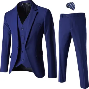 Mens Suit Slim Fit, 3 Piece Suit for Men, One Button Solid Jacket Vest Pants with Tie, Tuxedo Set