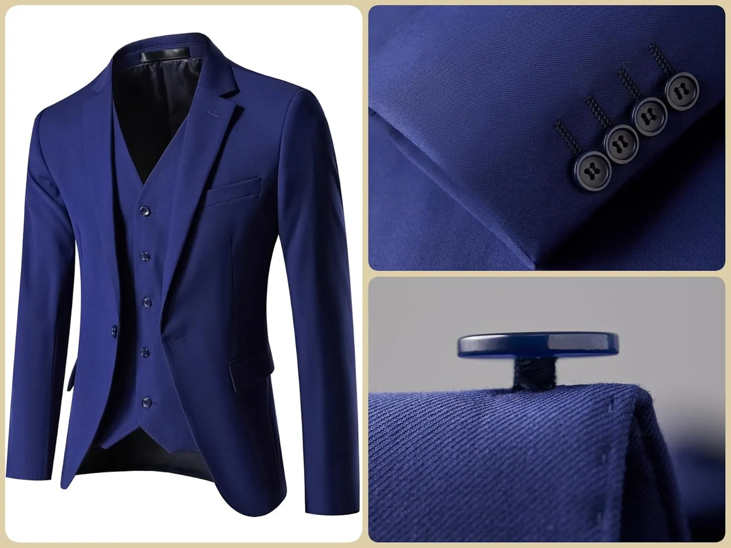 Mens Suit Slim Fit, 3 Piece Suit for Men, One Button Solid Jacket Vest Pants with Tie, Tuxedo Set