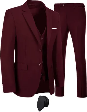 Men's Suits 3 Piece Slim Fit Suit Set,Two Button Wedding Business Tuxedo Solid Blazer Jacket Vest Pants with Tie